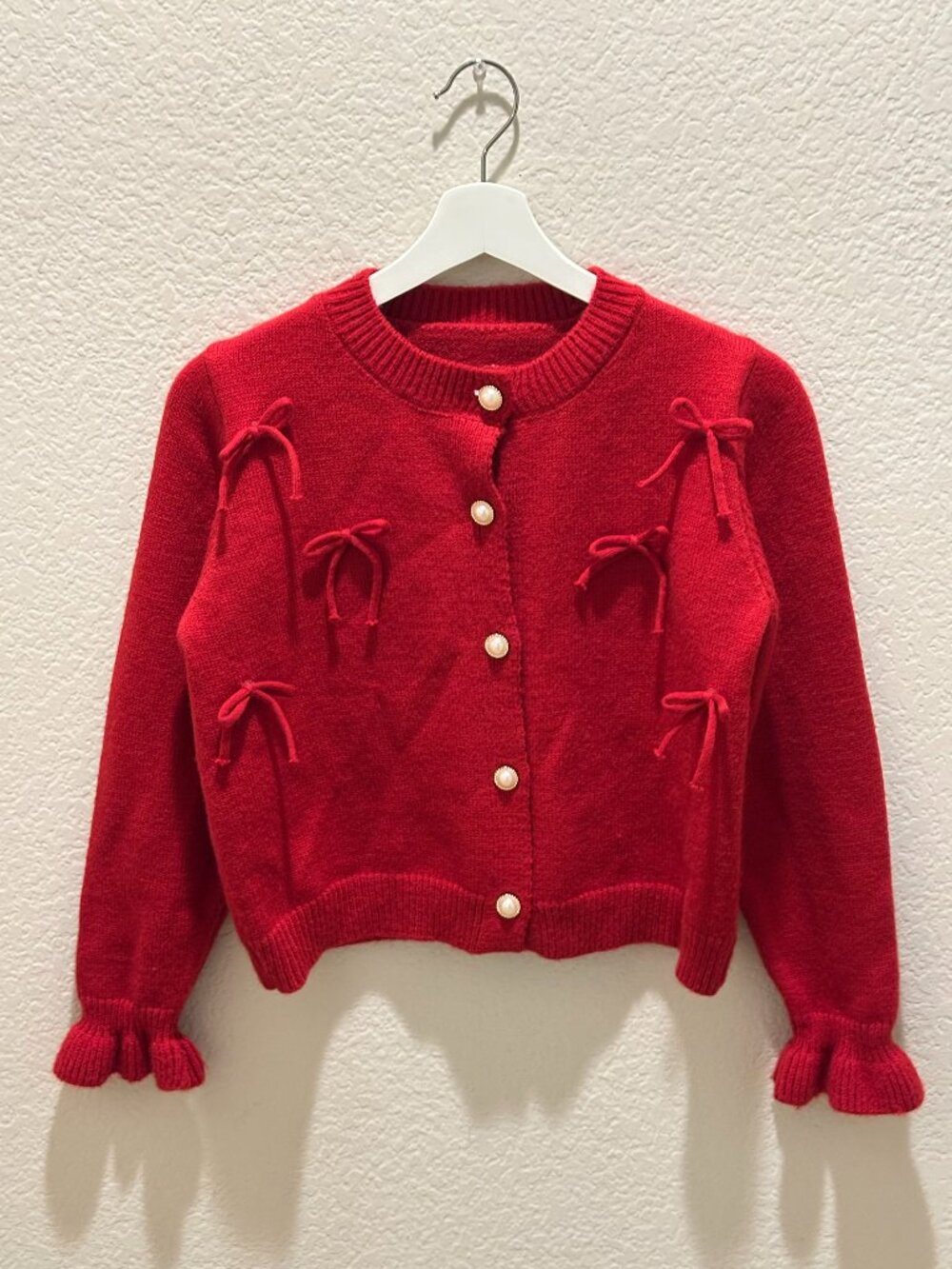 VTG Red Bows Sweater with Pearl Buttons Sz Small
